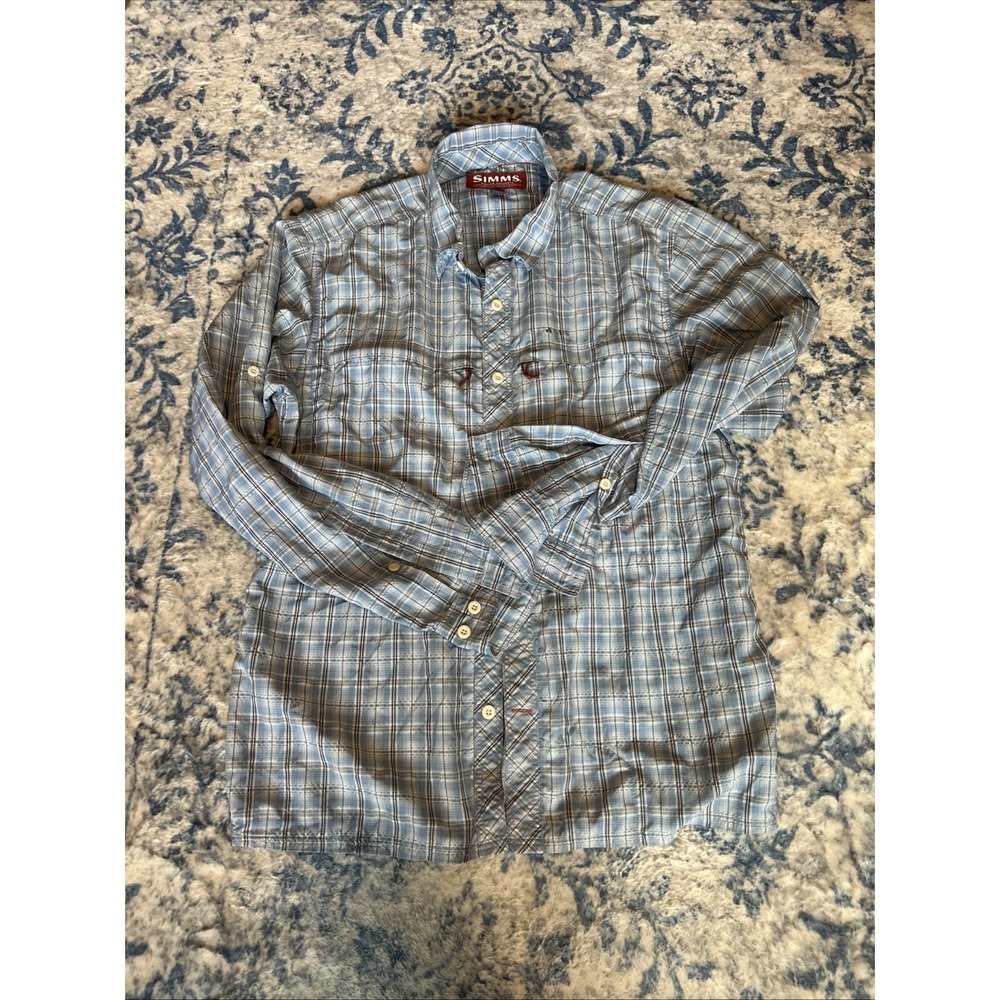 SIMMS Green Plaid S/S Men's M Button Down Nylon Blend Outdoor Sport Shirt